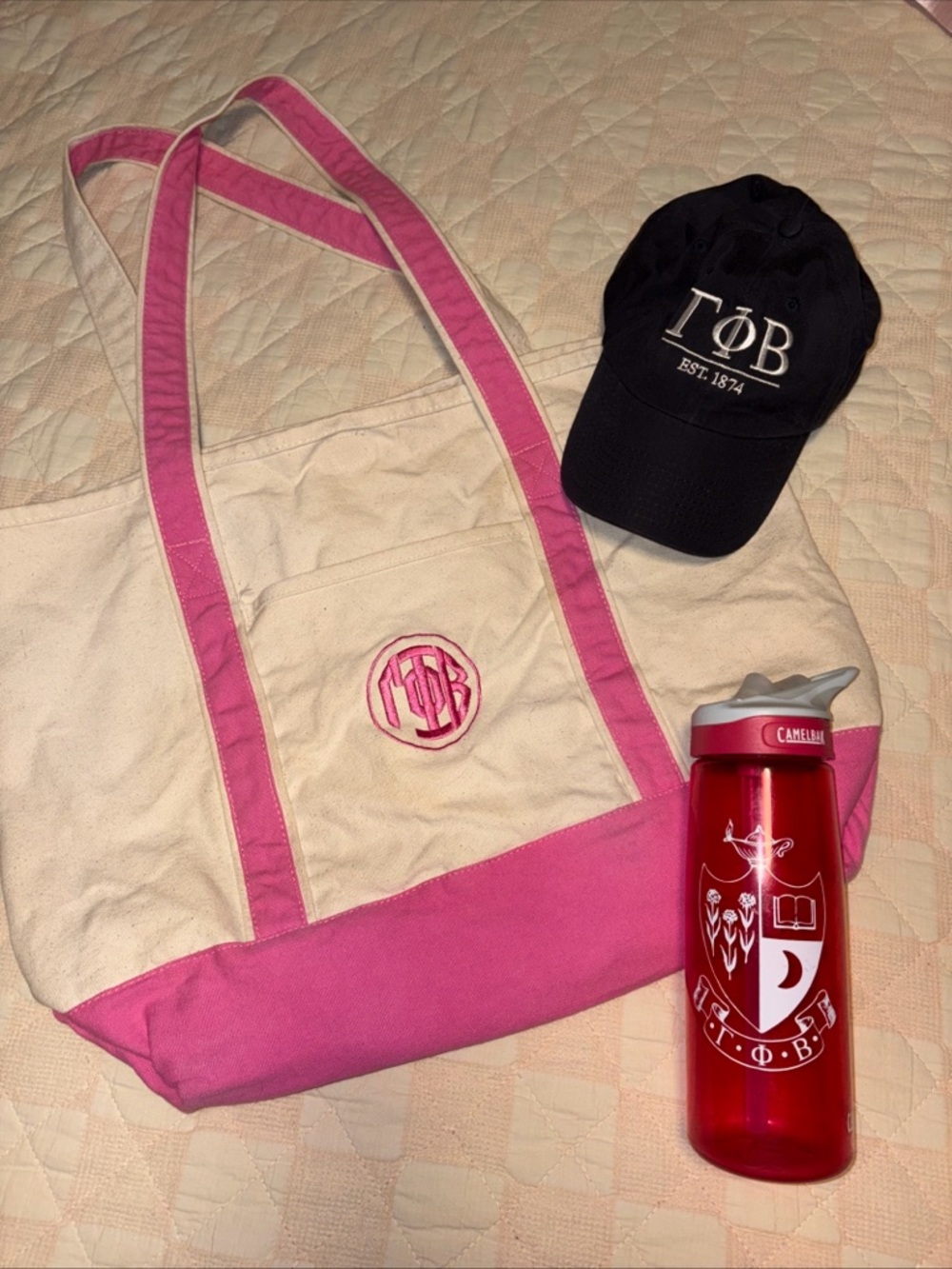 Gamma Phi Beta Pink & Cream Canvas Tote with Monogram, Camelbak bottle, cap lot